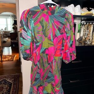 Farm Rio Tropical Leaf-Print Midi Dress in Hot Pink & Green